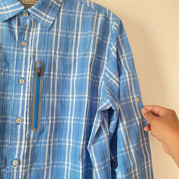 L.L.Bean Shirt M Blue & White Plaid Long Sleeve Tall Rob Button Up Pocket - Picture 8 of 13